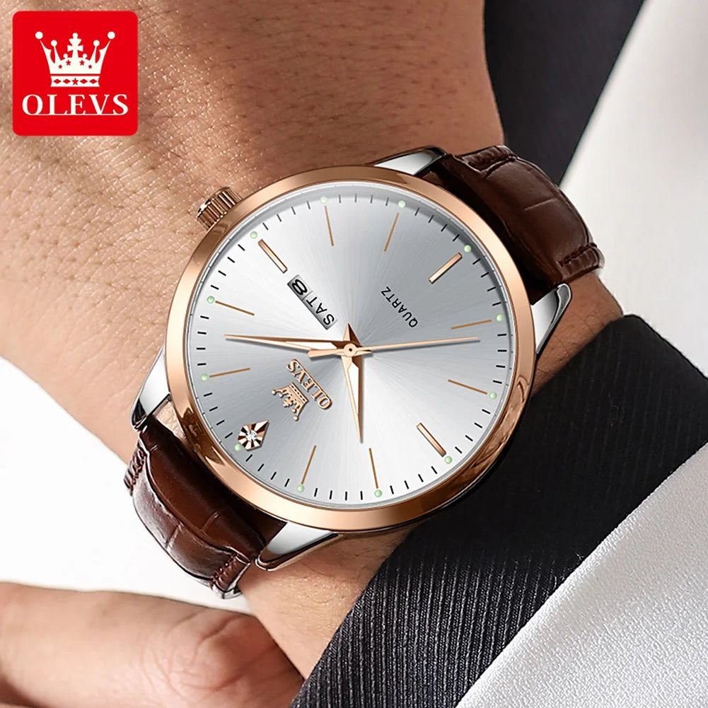 OLEVS Fashion Business Brand Original Men Watches Leather Strap Trend Week Calendar Quartz Watch Luminous Waterproof 43mm Dial