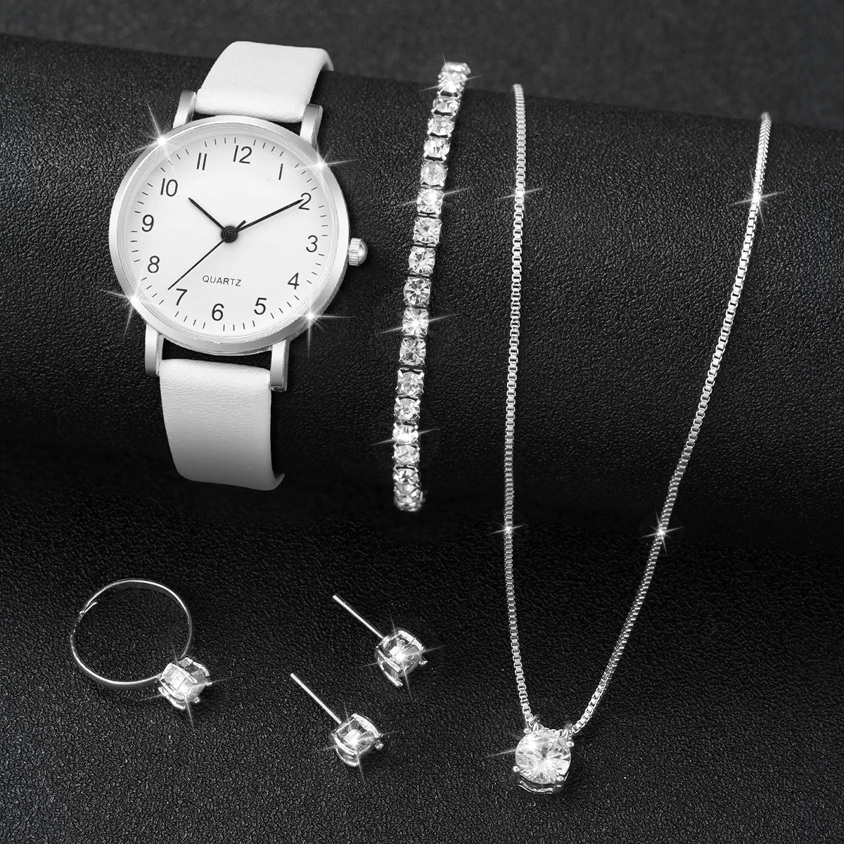 Conjunto de 6 Peças - Relógios de Quartzo Femininos de Moda com Pulseira de Couro e Joia com Diamantes (Sem Caixa)